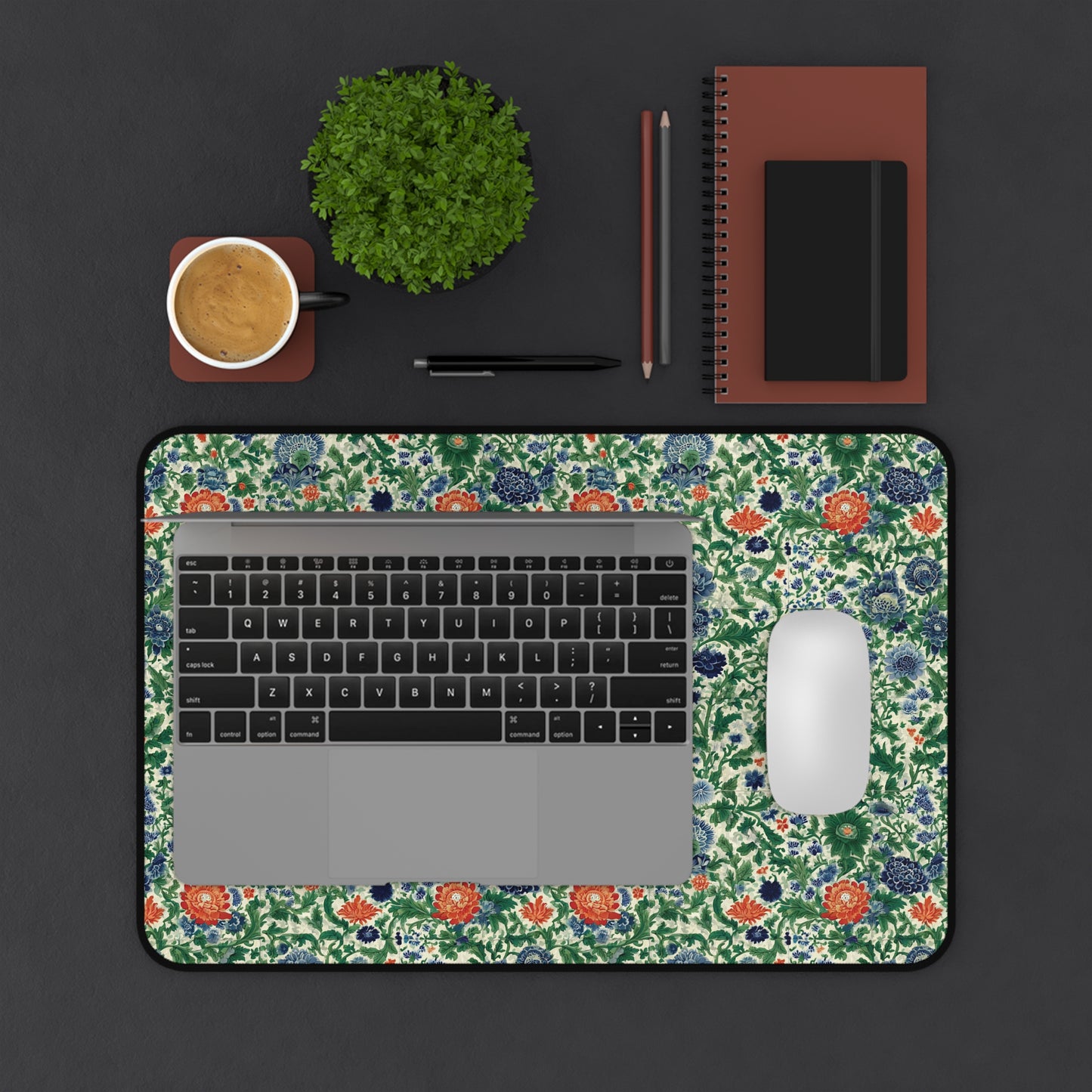 Vintage Floral Pattern Desk Mat | Green Blue Orange Botanical Mouse Pad