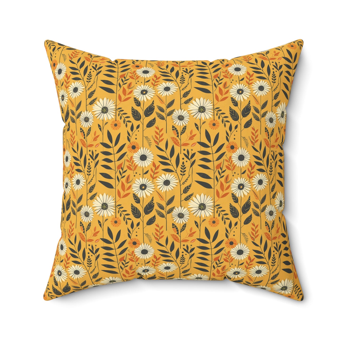 Yellow Floral Pattern Pillow | Daisies and Leaves Square Pillow