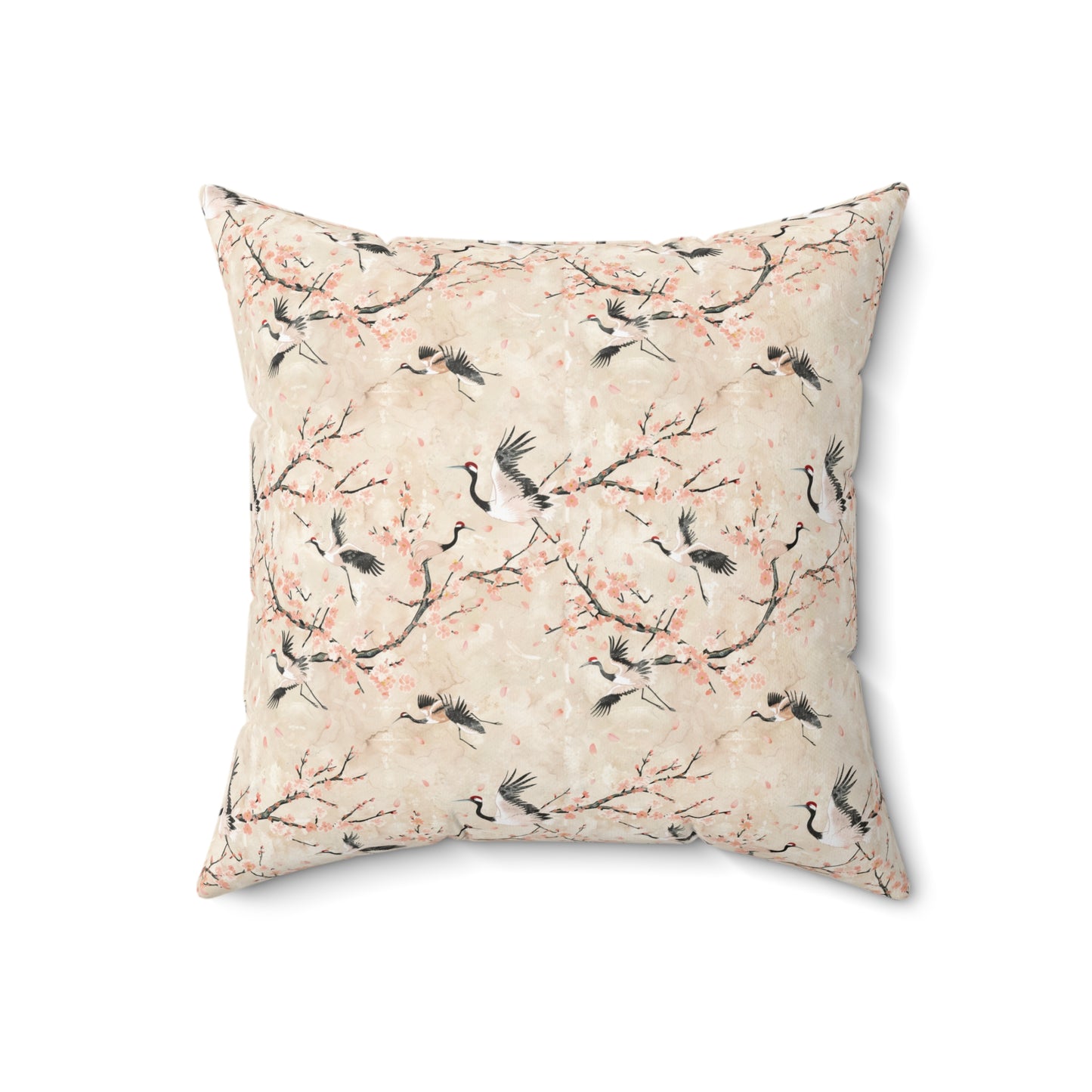 Cherry Blossom Crane Pillow | Floral Japanese Stork Pattern Square Pillow