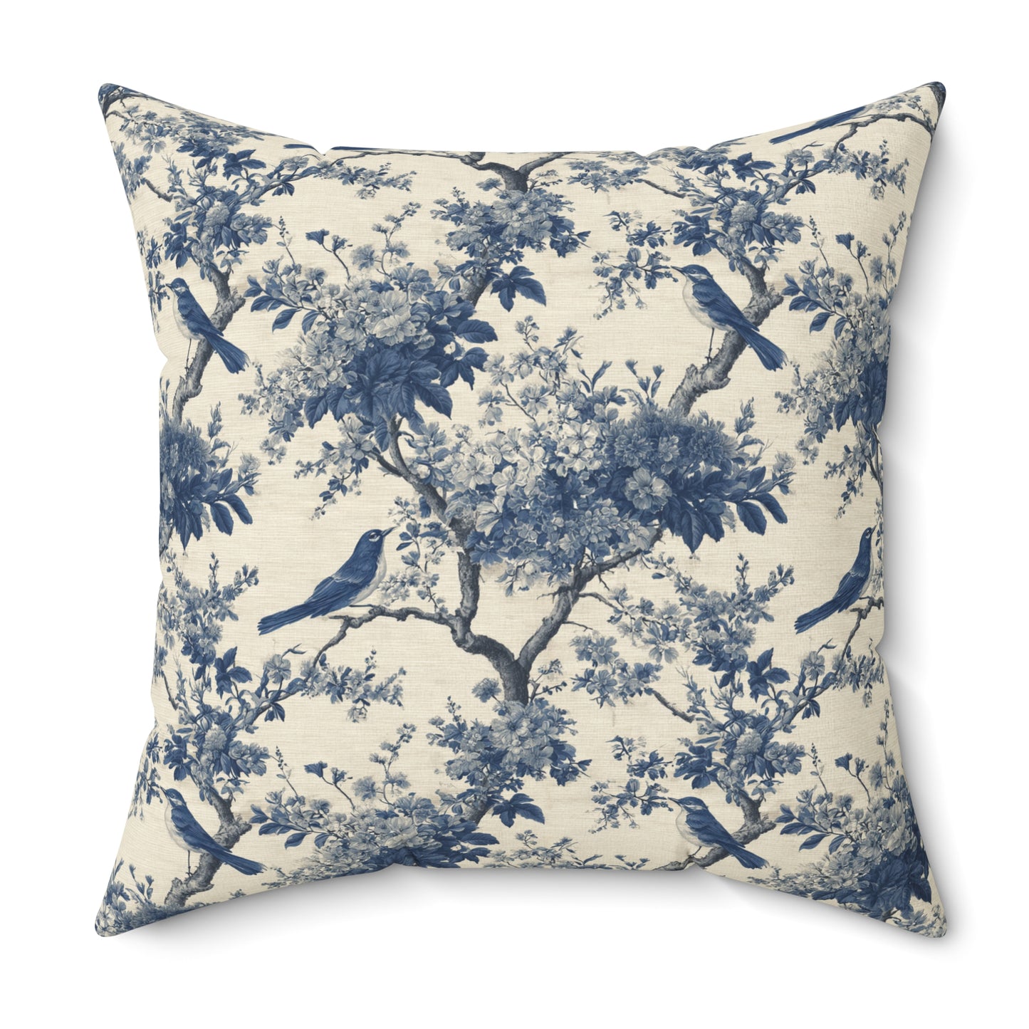Blue Toile de Jouy Bird Pattern Pillow | Decorative Square Pillow