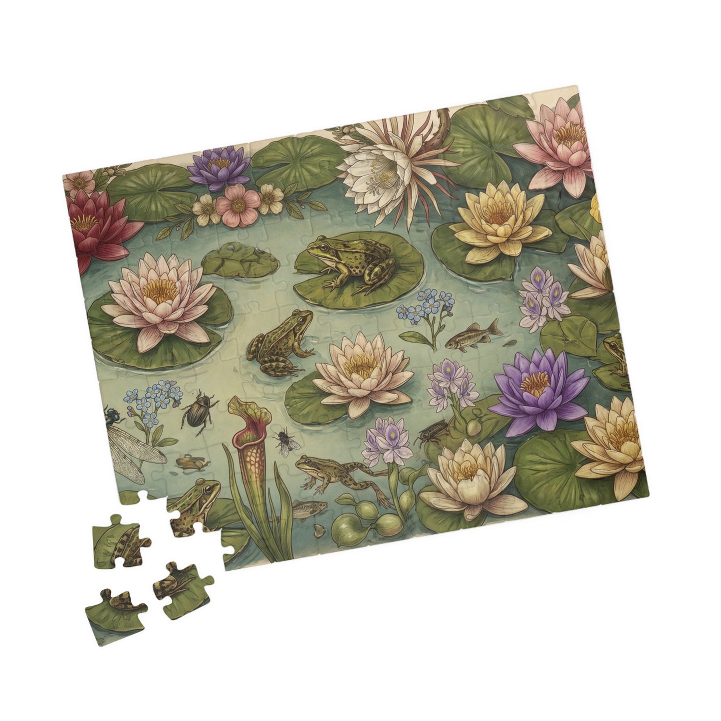 Frogs and Waterlilies Puzzle 110, 252, 520, 1014-piece | Botanical Pond Jigsaw
