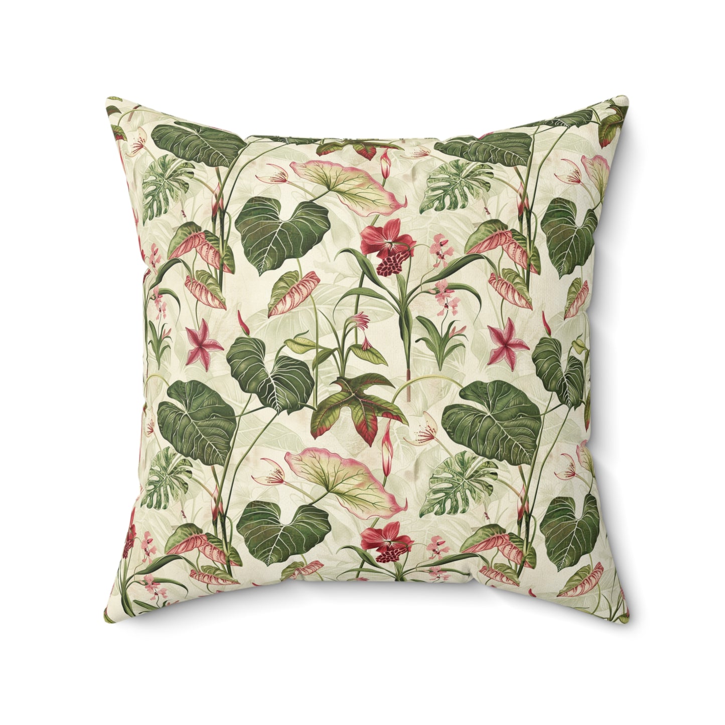 Vintage Botanical Floral Pattern Pillow | Tropical Leaves, Pink Flowers