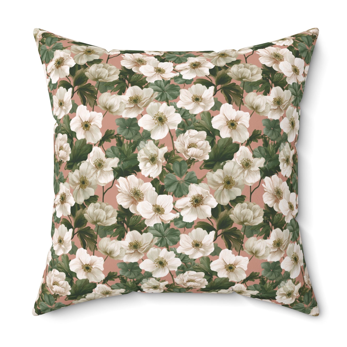Vintage Floral Pattern Pillow | Square Throw Pillow, Botanical White Anemone Flowers Design