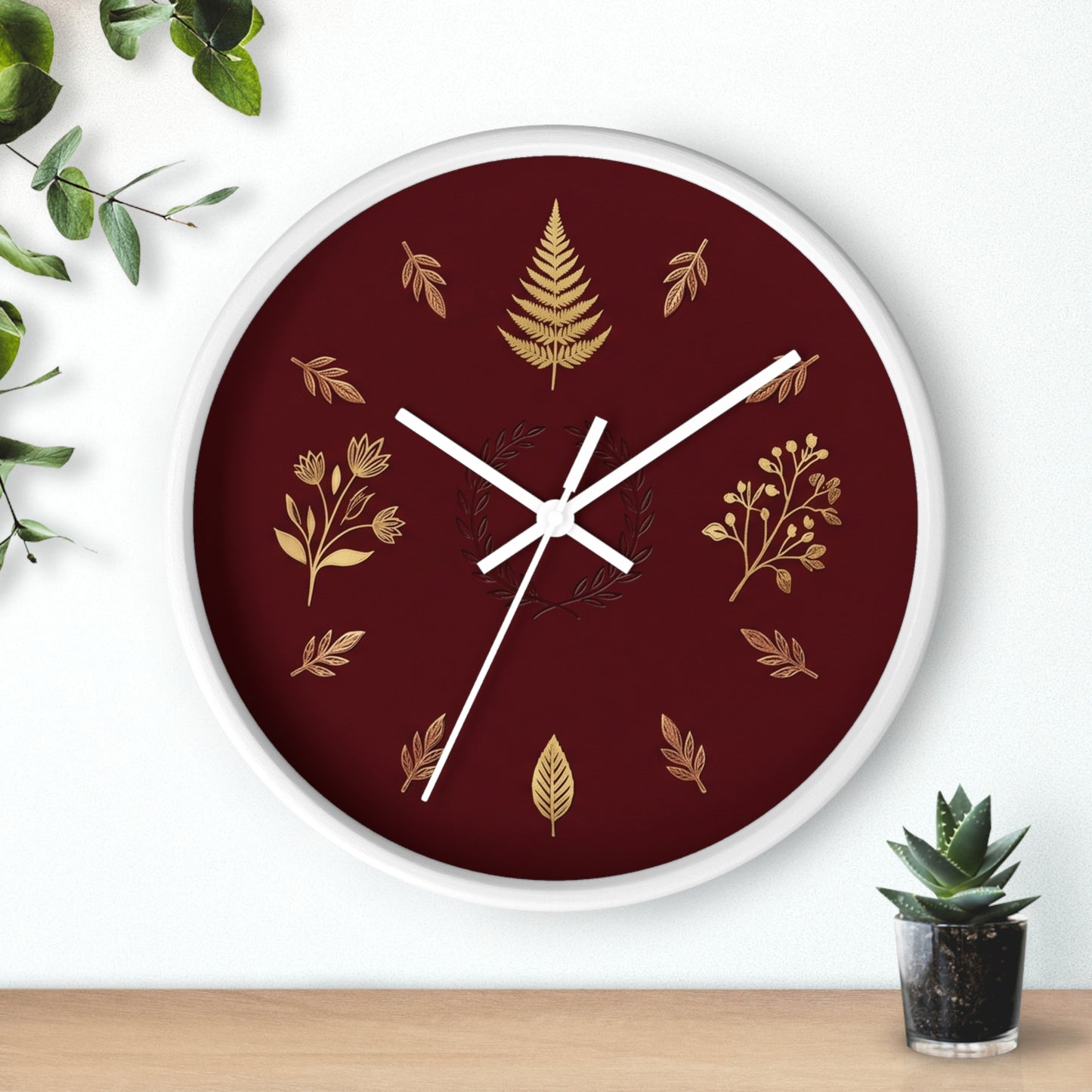 Gold Botanical Leaves Wall Clock | Maroon Floral Fern Home Decor