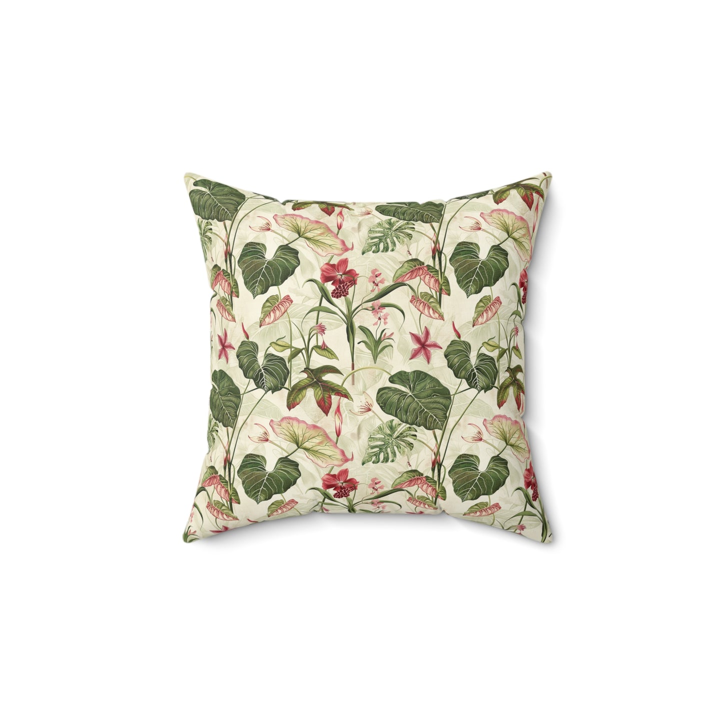 Vintage Botanical Floral Pattern Pillow | Tropical Leaves, Pink Flowers