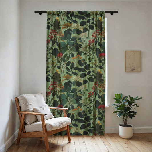 Green Botanical Print Sheer Curtain | Floral Vine Window Panel