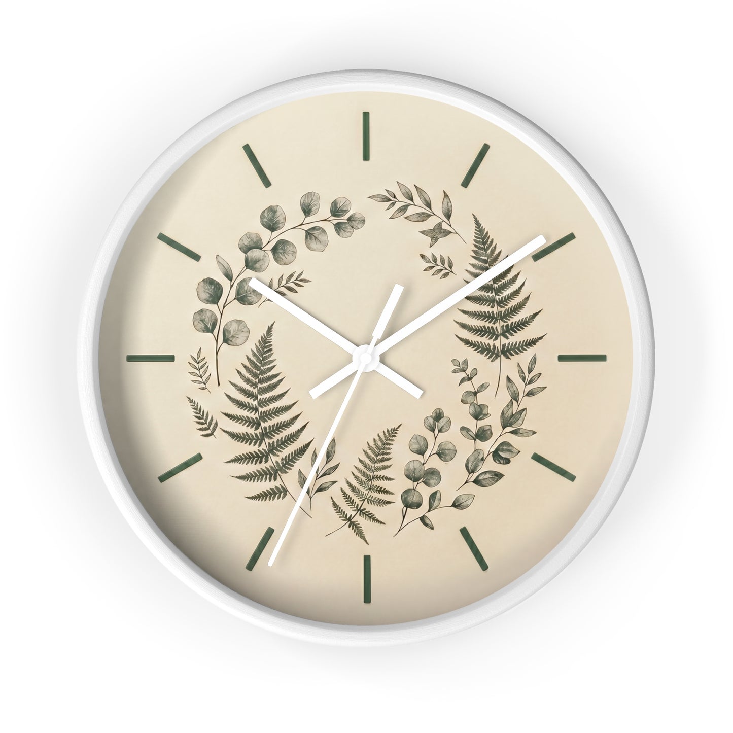 Botanical Fern Wreath Wall Clock | Neutral Eucalyptus Timepiece
