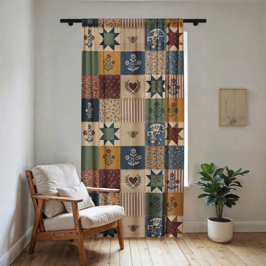Patchwork Folk Floral Sheer Window Curtain | Vintage Star Quilt Pattern