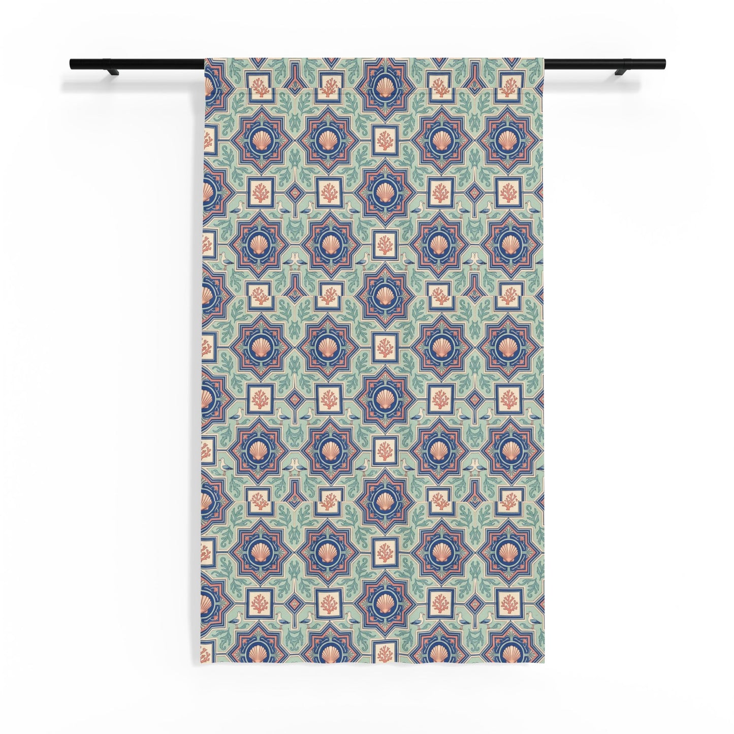 Geometric Repeat Motif Sheer Window Curtain | Muted Teal Rust Indigo