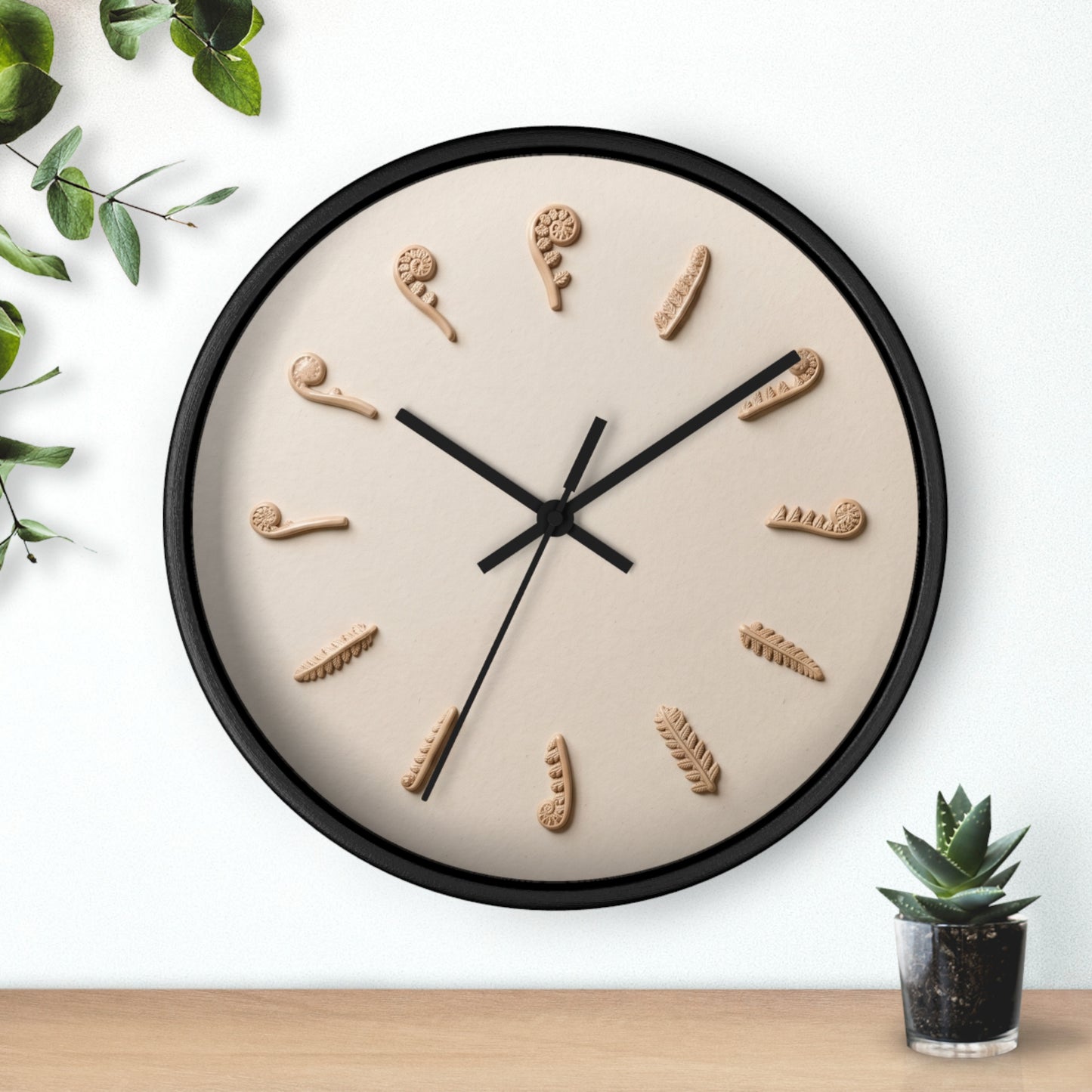 Clay Fern Motif Wall Clock | Minimal Botanical Timepiece