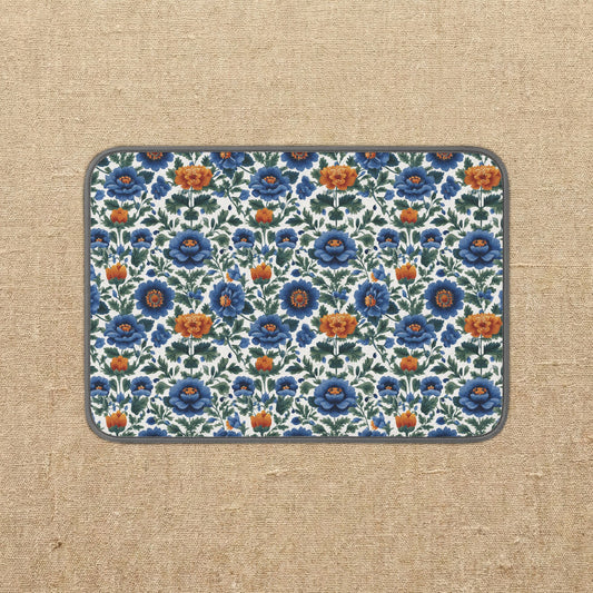 Blue Orange Floral Pattern Microfiber Kitchen Dish Mat | Vintage Tile-Inspired Design