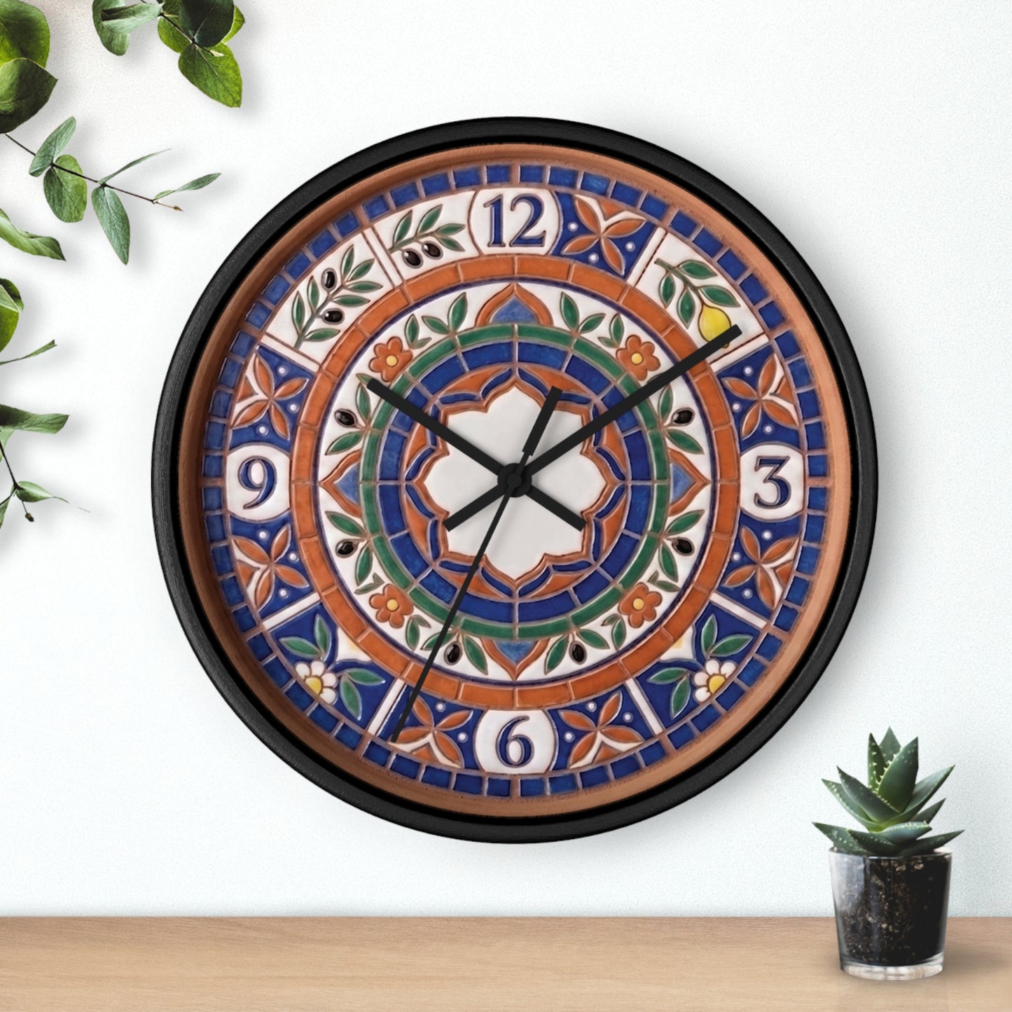 Mediterranean Mosaic Style Wall Clock - Terracotta Azure Blue Floral Faux Tile Botanical Decor