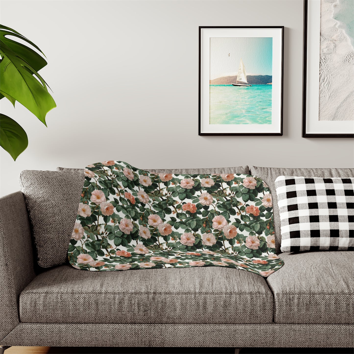 Roses Blossom Floral Sherpa Blanket | Green Leaves, Cozy Reversible Throw