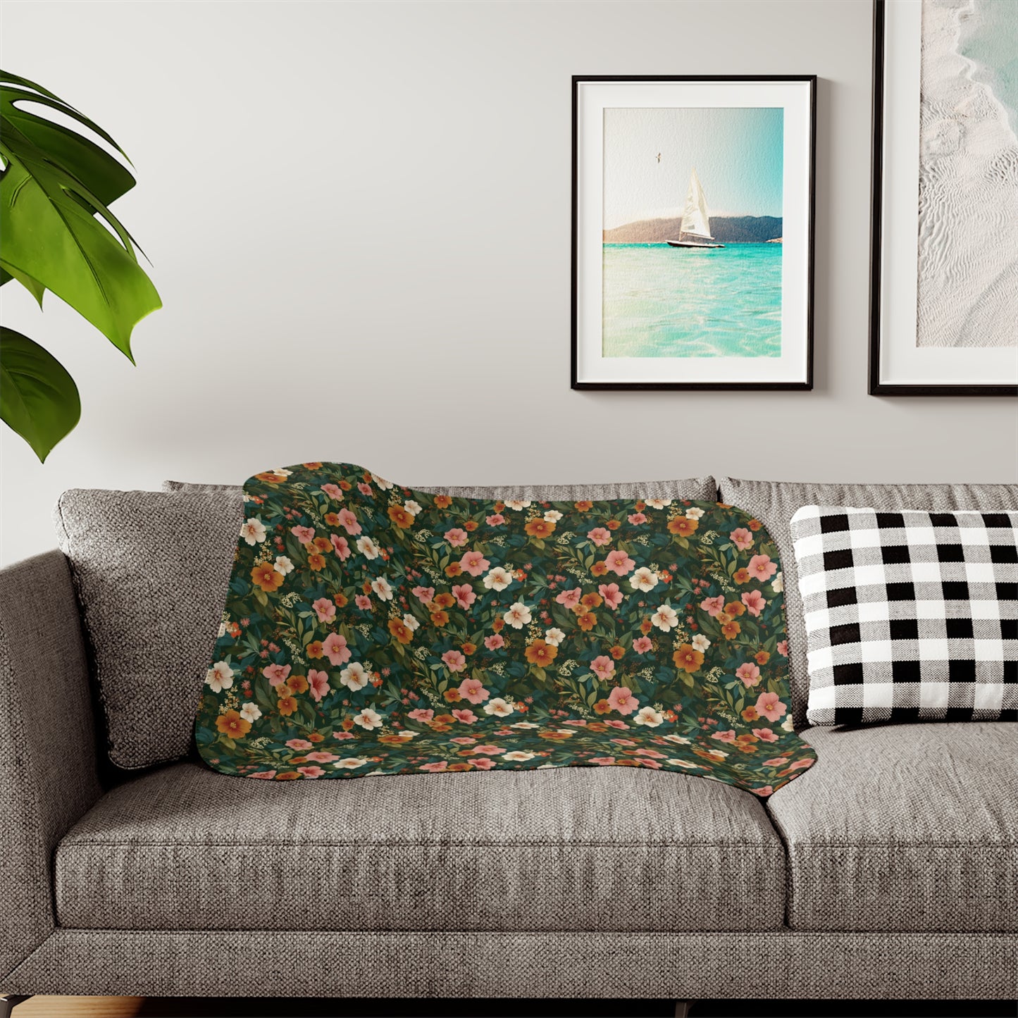 Vintage Floral Pattern Sherpa Blanket | Green, White, Orange and Pink Blossom Throw