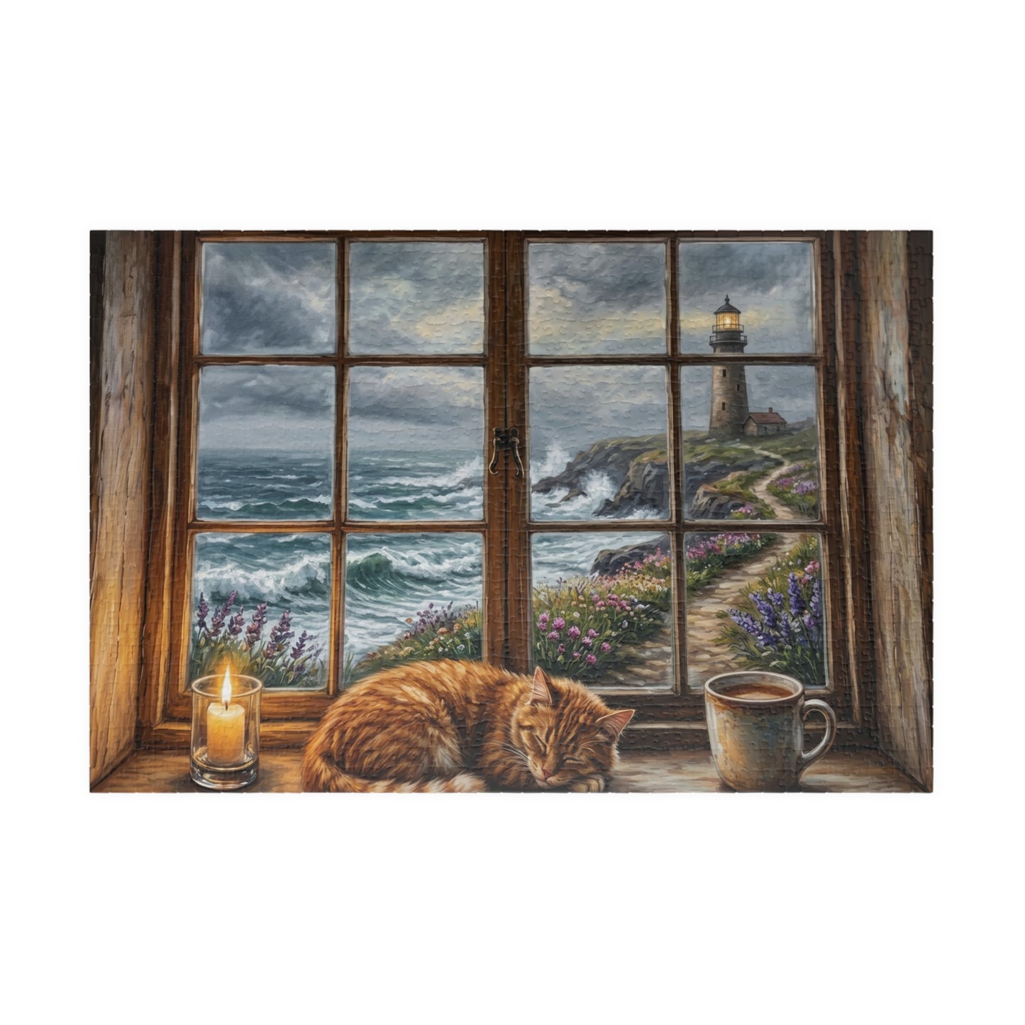 Cozy Cat Lighthouse Window Puzzle | Seaside Evening, Stormy Coastline, Scene