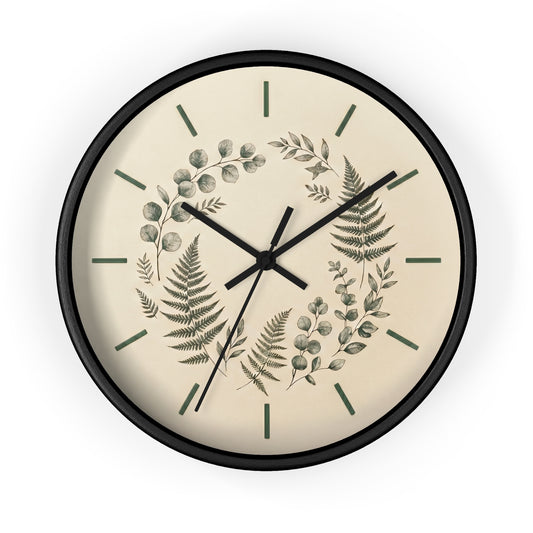 Botanical Fern Wreath Wall Clock | Neutral Eucalyptus Timepiece