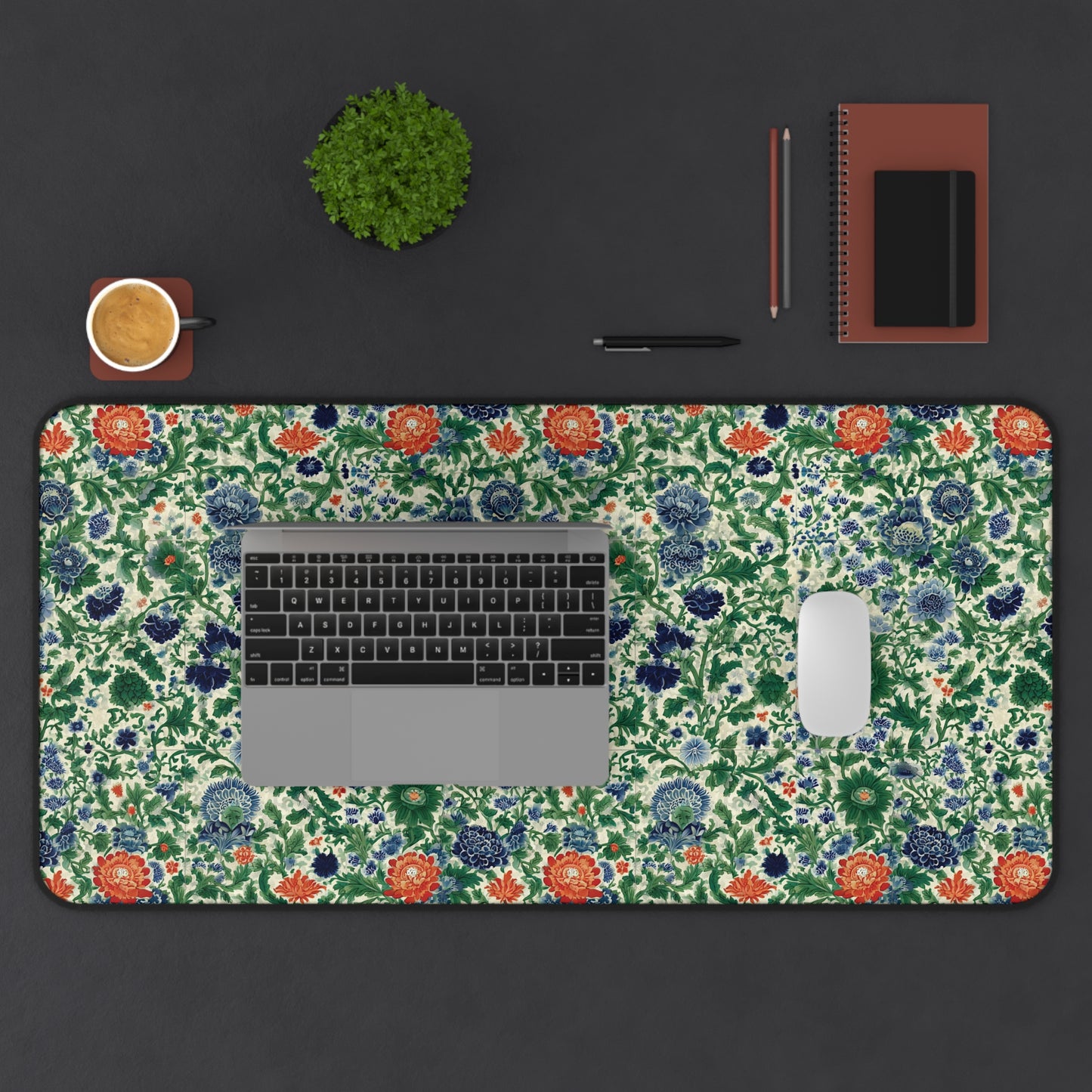 Vintage Floral Pattern Desk Mat | Green Blue Orange Botanical Mouse Pad