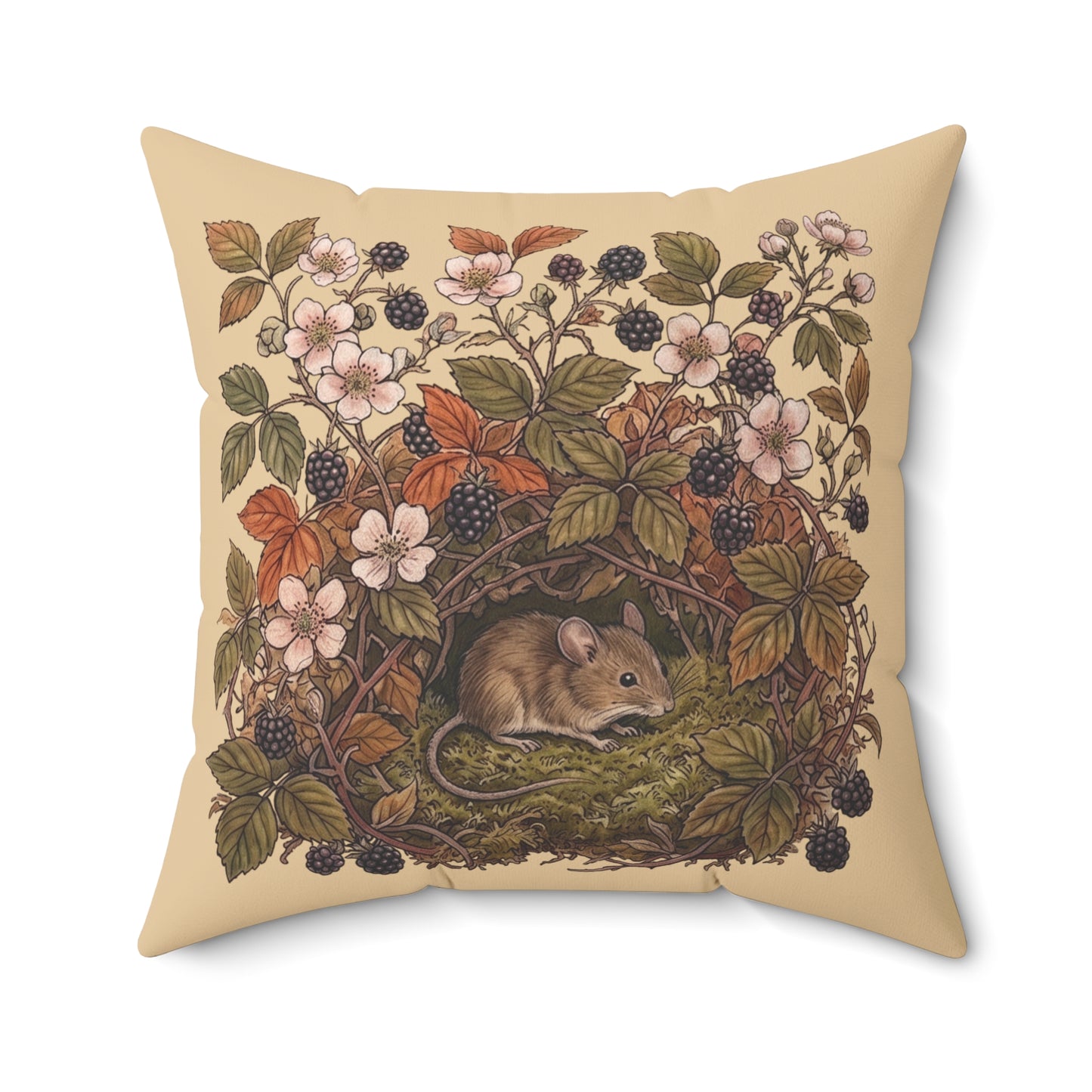 Woodland Mouse Nest Pillow | Vintage Botanical Brambles Illustration