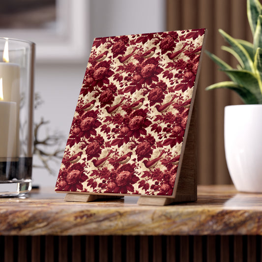 Vintage Floral Bird Pattern Ceramic Tile | Red Toile de Jouye Peony Botanical Décor