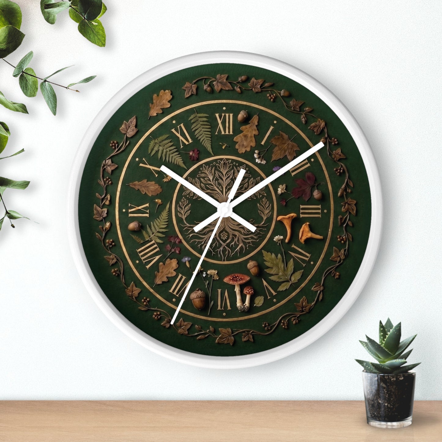 Woodland Tree of Life wall clock | Botanical, mushrooms, fern, roman numerals | Realistic Illustration | Witchy Nature
