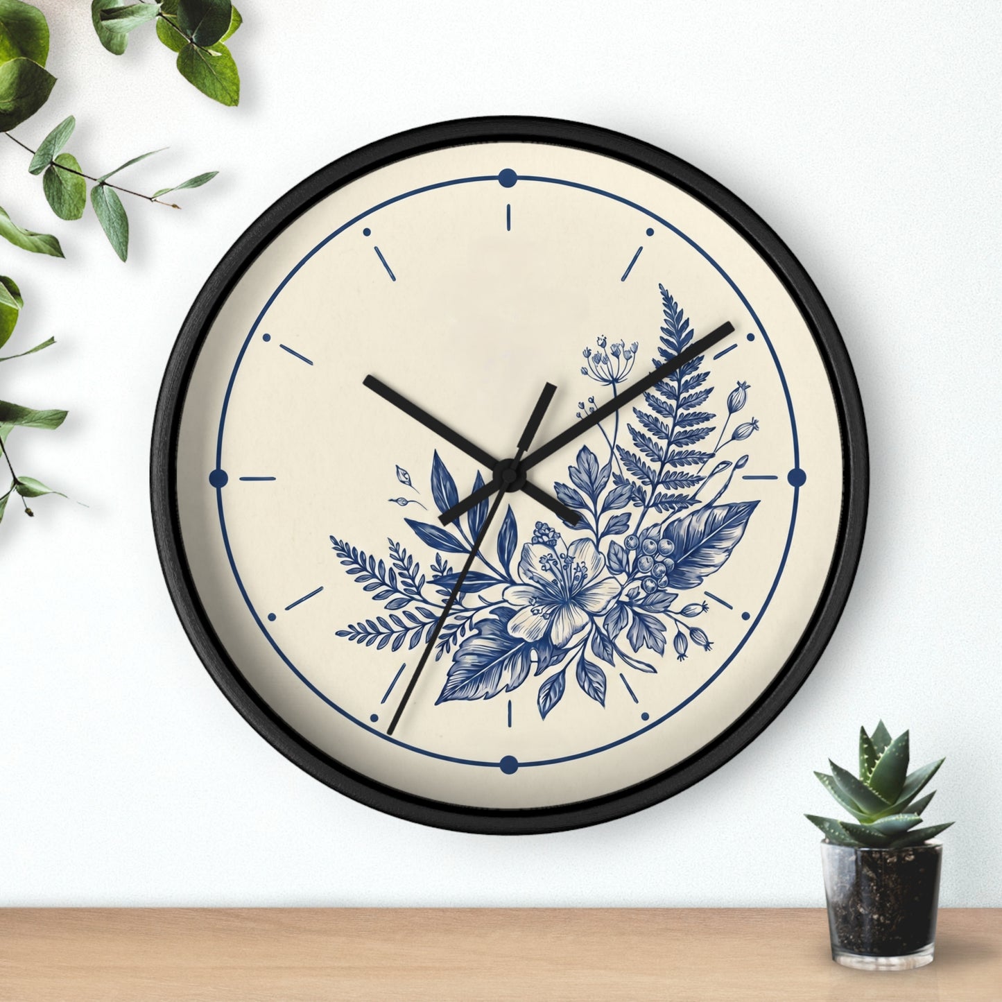 Blue Floral Illustration Wall Clock | Coastal Botanical Flower Clock