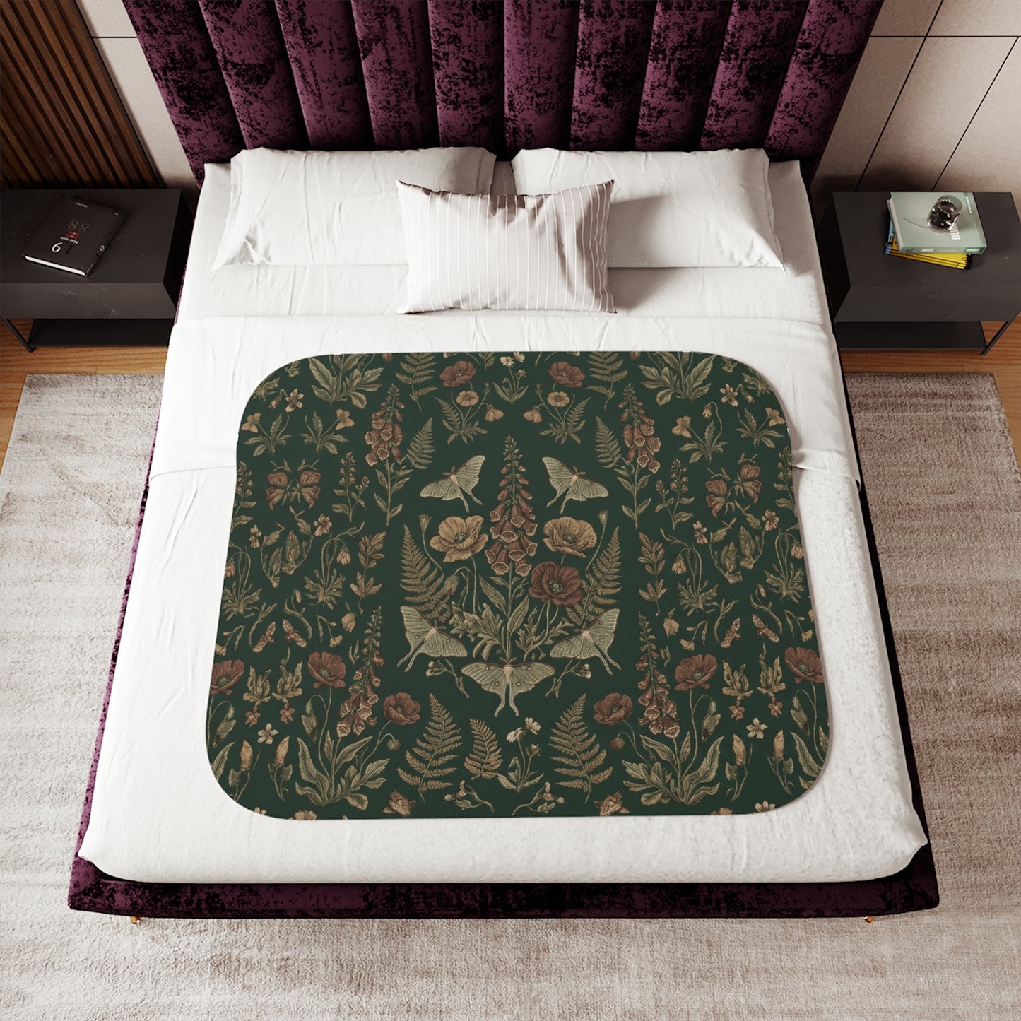 Vintage Floral Woodland Dark Sherpa Blanket | Botanical Pattern, Dark Green