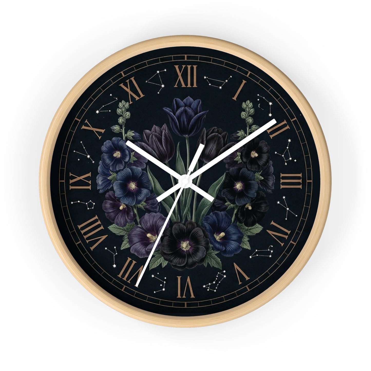 Midnight Violet Florals Wall Clock | Roman Numerals, Constellation Accents