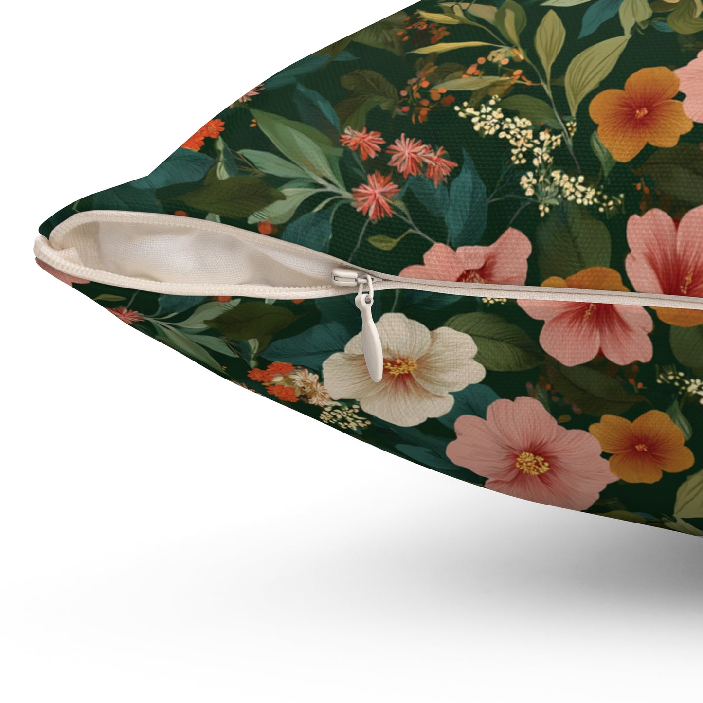 Vintage Floral Pattern Square Pillow | Dark Green Pink Orange Blossoms