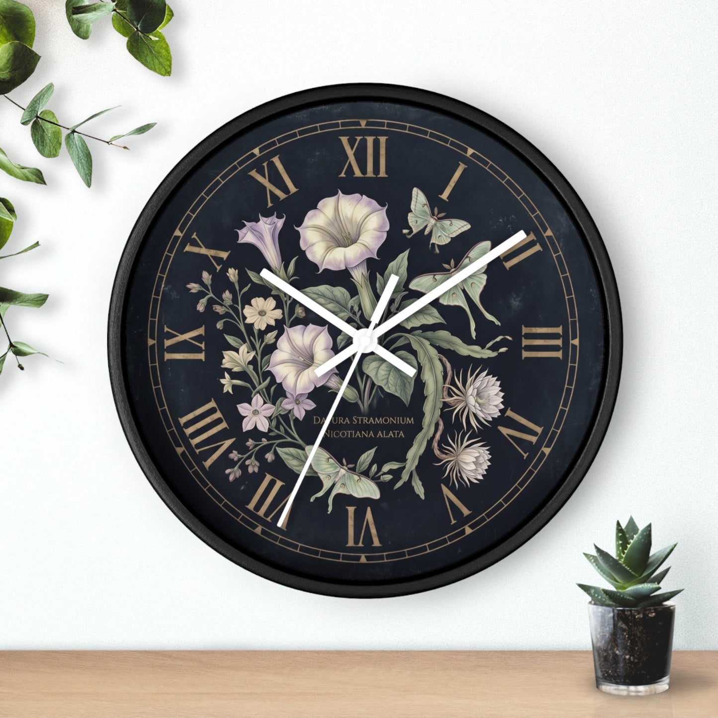 Datura Stramonium Illustration  Wall Clock | Vintage Botanical Floral, Roman Numerals, Dark Background