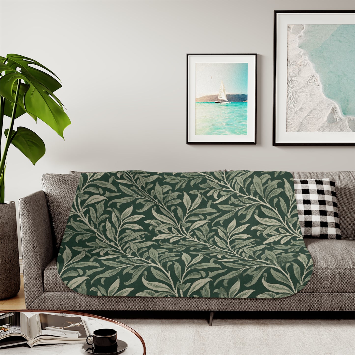 Green Botanical Olive Leaf Pattern Sherpa Blanket | Leaf Vine Throw