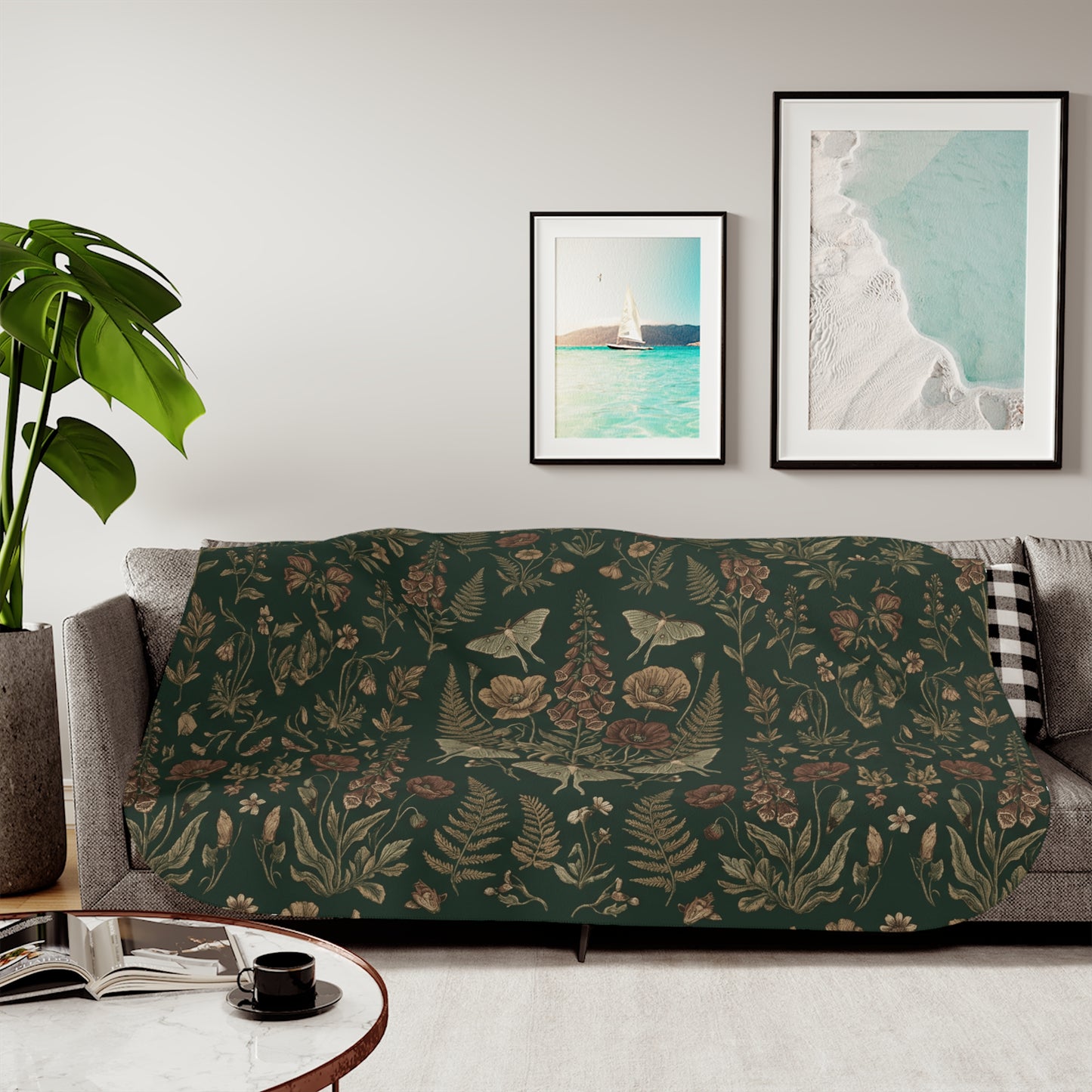 Vintage Floral Woodland Dark Sherpa Blanket | Botanical Pattern, Dark Green