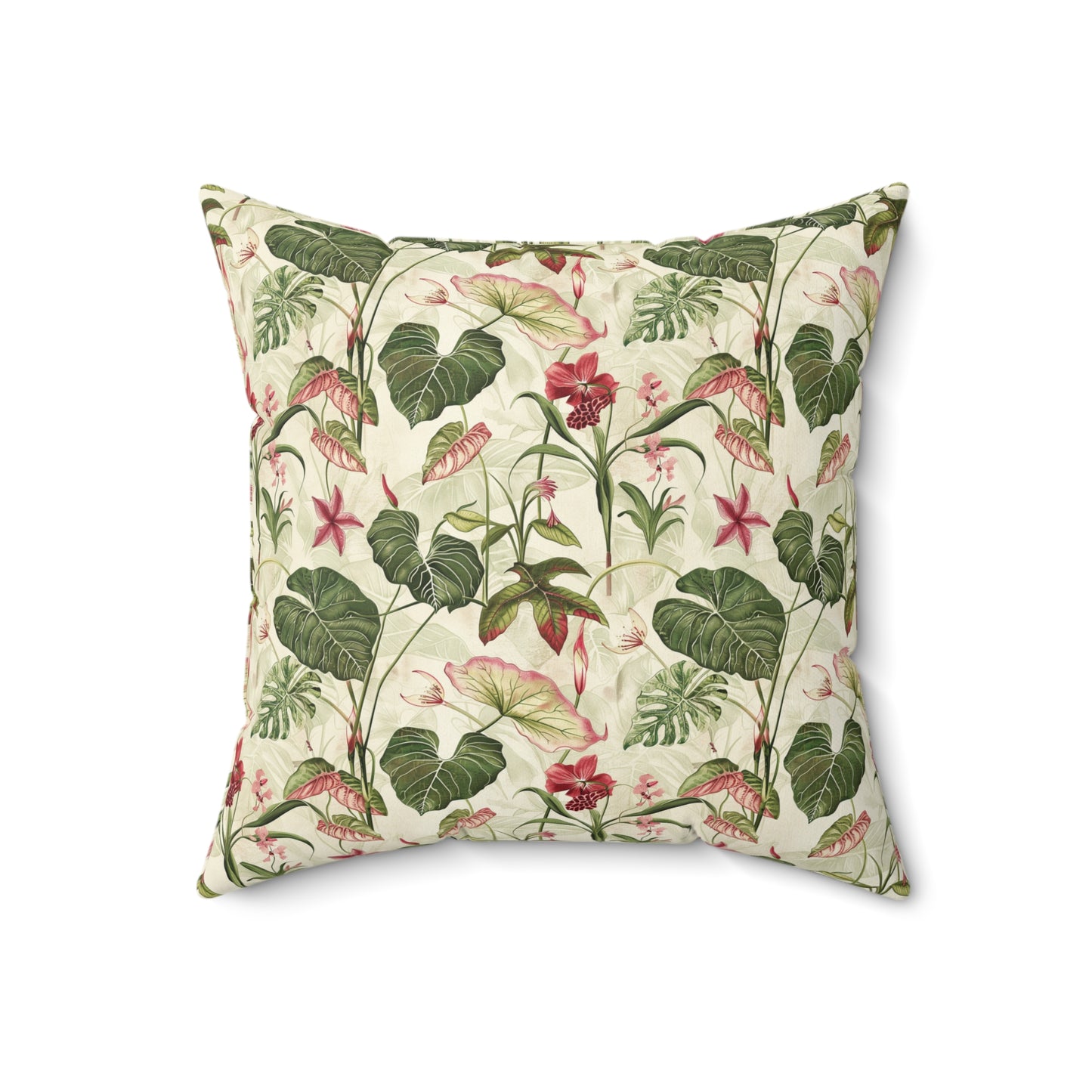 Vintage Botanical Floral Pattern Pillow | Tropical Leaves, Pink Flowers