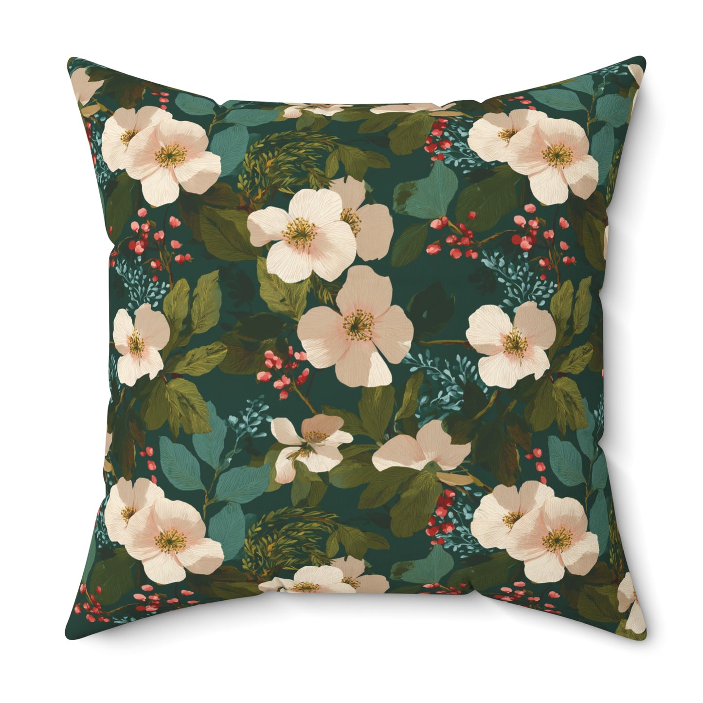 Cream Floral Pattern Pillow | Dark Green Botanical Throw Pillow