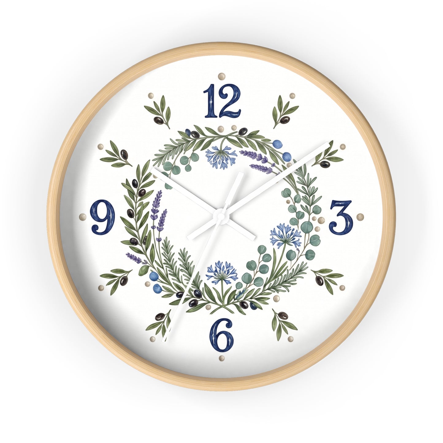 Botanical Wreath Wall Clock | Floral Laurel Timepiece, Blue Numbers