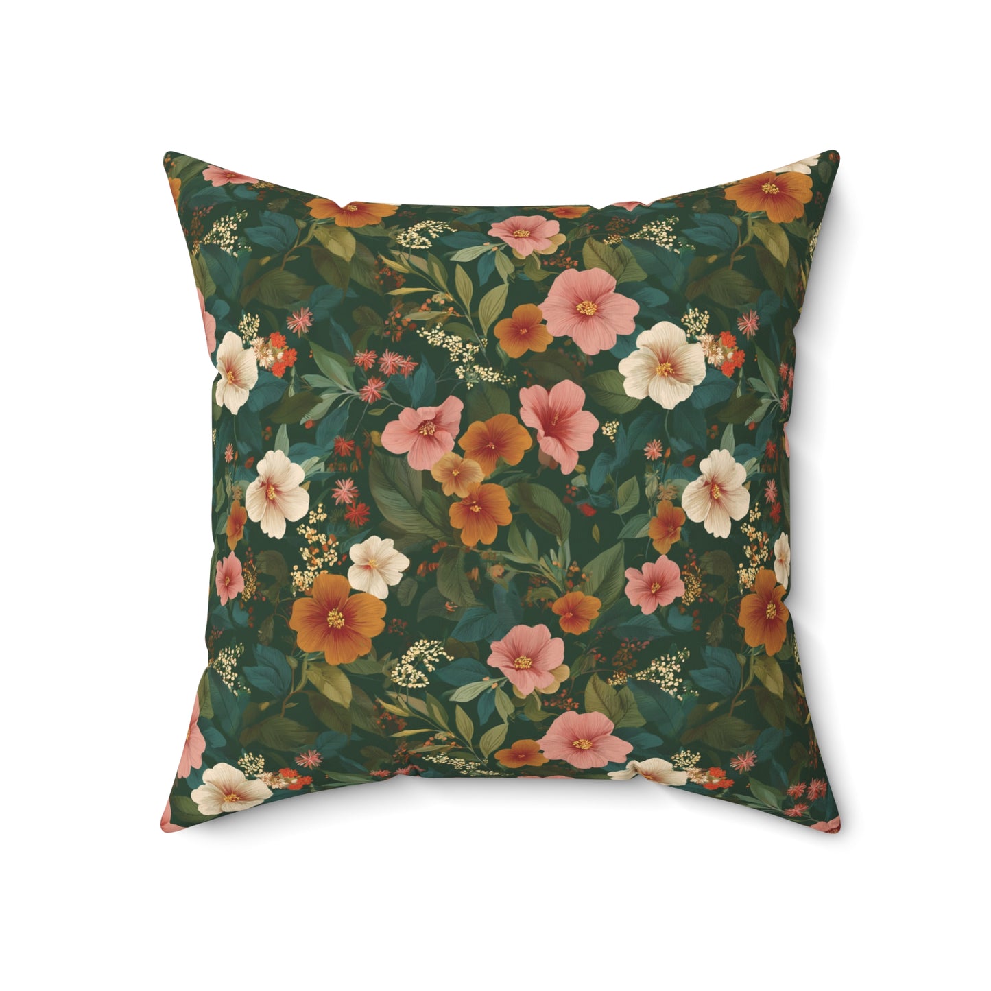 Vintage Floral Pattern Square Pillow | Dark Green Pink Orange Blossoms