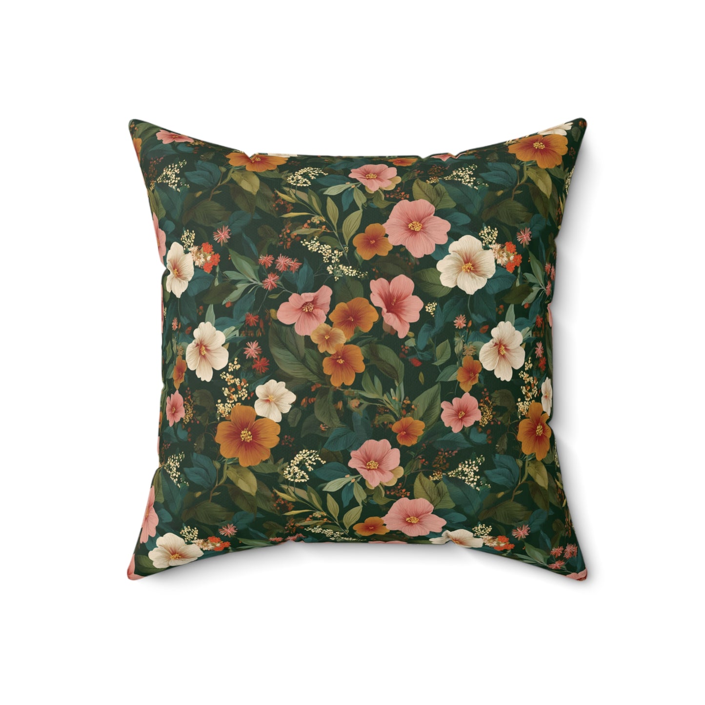 Vintage Floral Pattern Square Pillow | Dark Green Pink Orange Blossoms