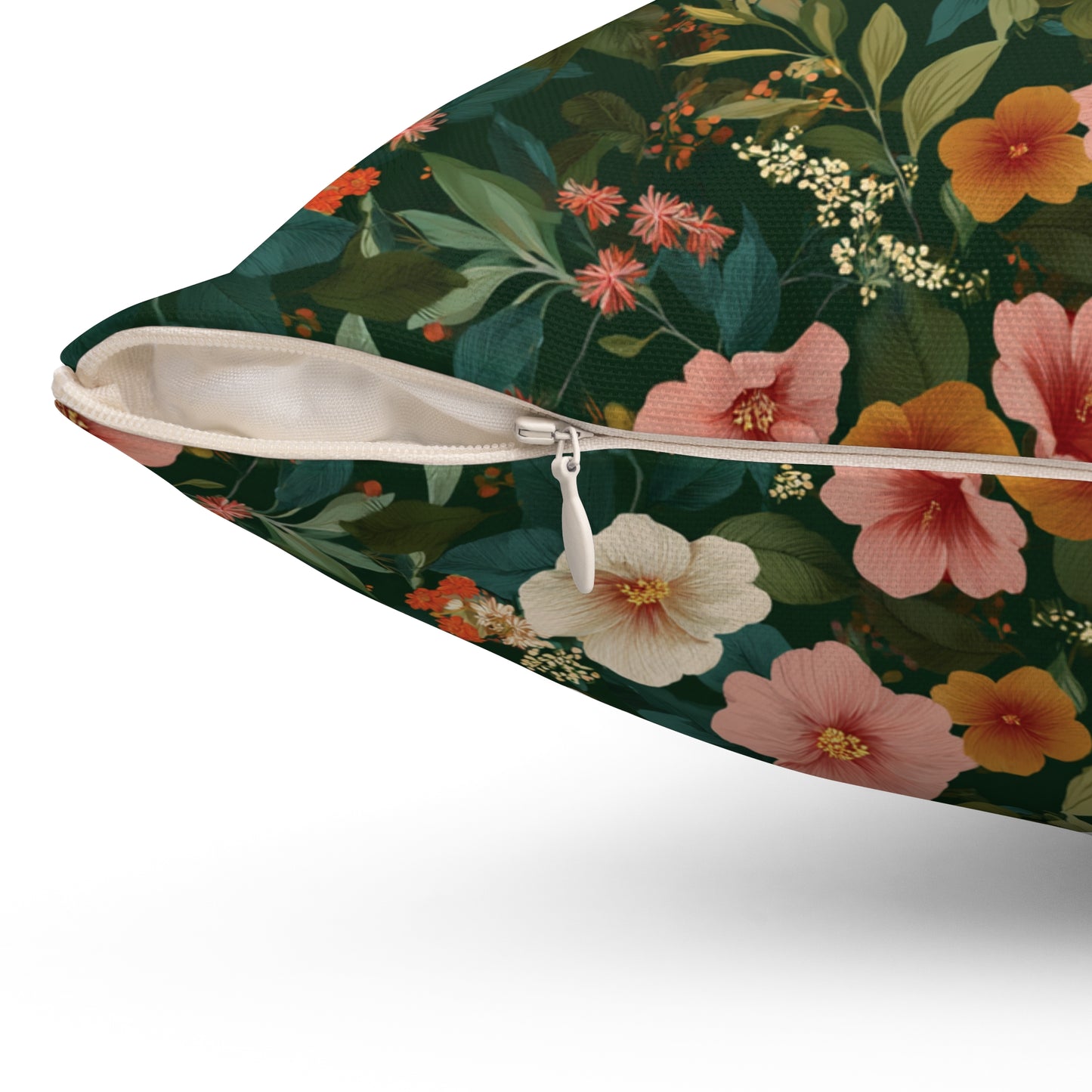 Vintage Floral Pattern Square Pillow | Dark Green Pink Orange Blossoms