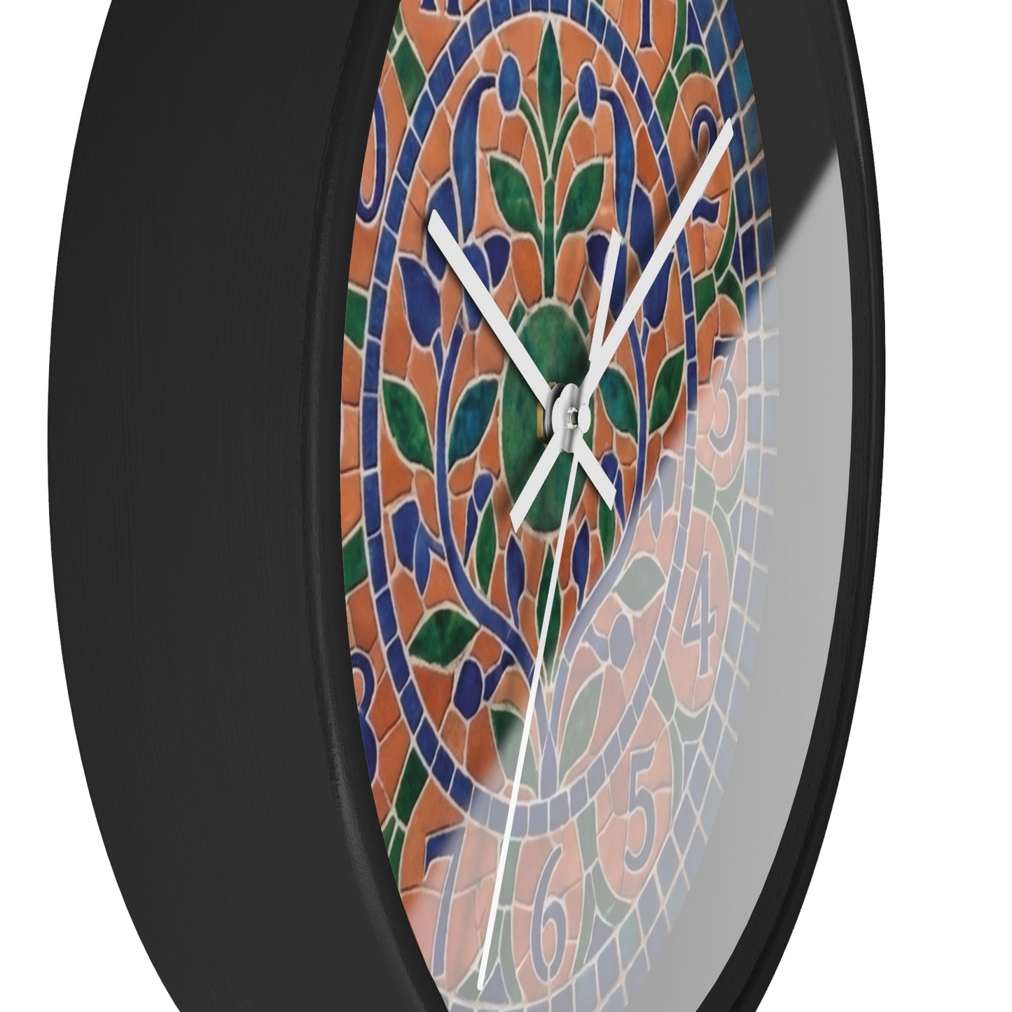 Mosaic Style Wall Clock - Terracotta Azure Blue Floral Print, Mediterranean Botany Decor