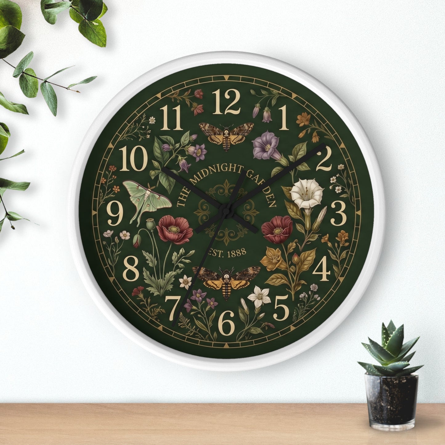 Vintage Floral Garden Clock | Botanical Wall Clock, Dark Green Floral Design