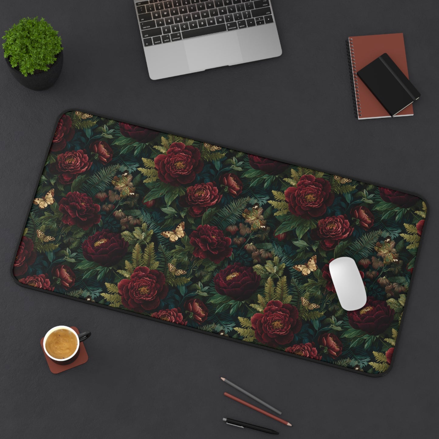 Dark Vintage Rose Desk Mat | Floral Pattern Mouse Pad, Victorian Botanical
