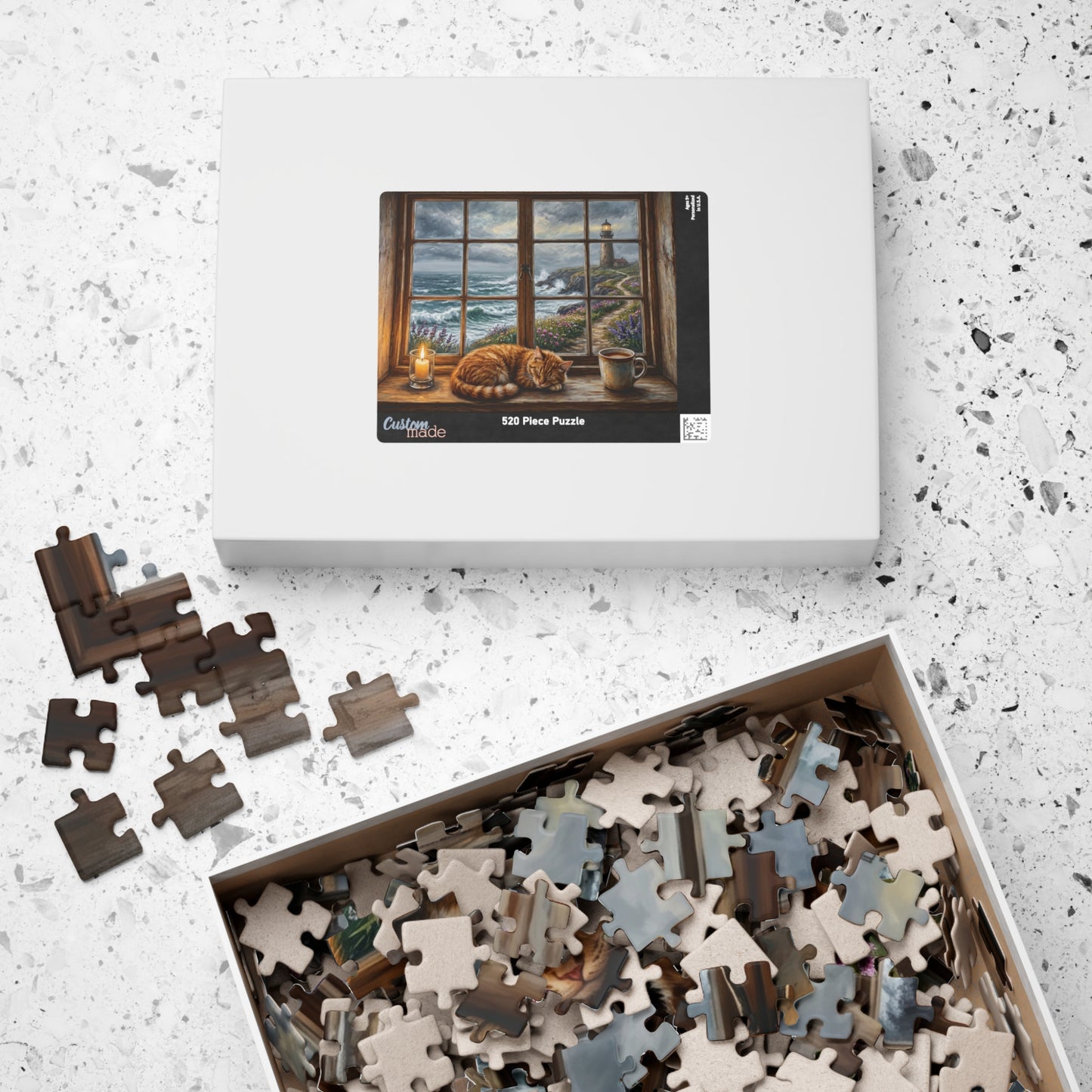 Cozy Cat Lighthouse Window Puzzle | Seaside Evening, Stormy Coastline, Scene