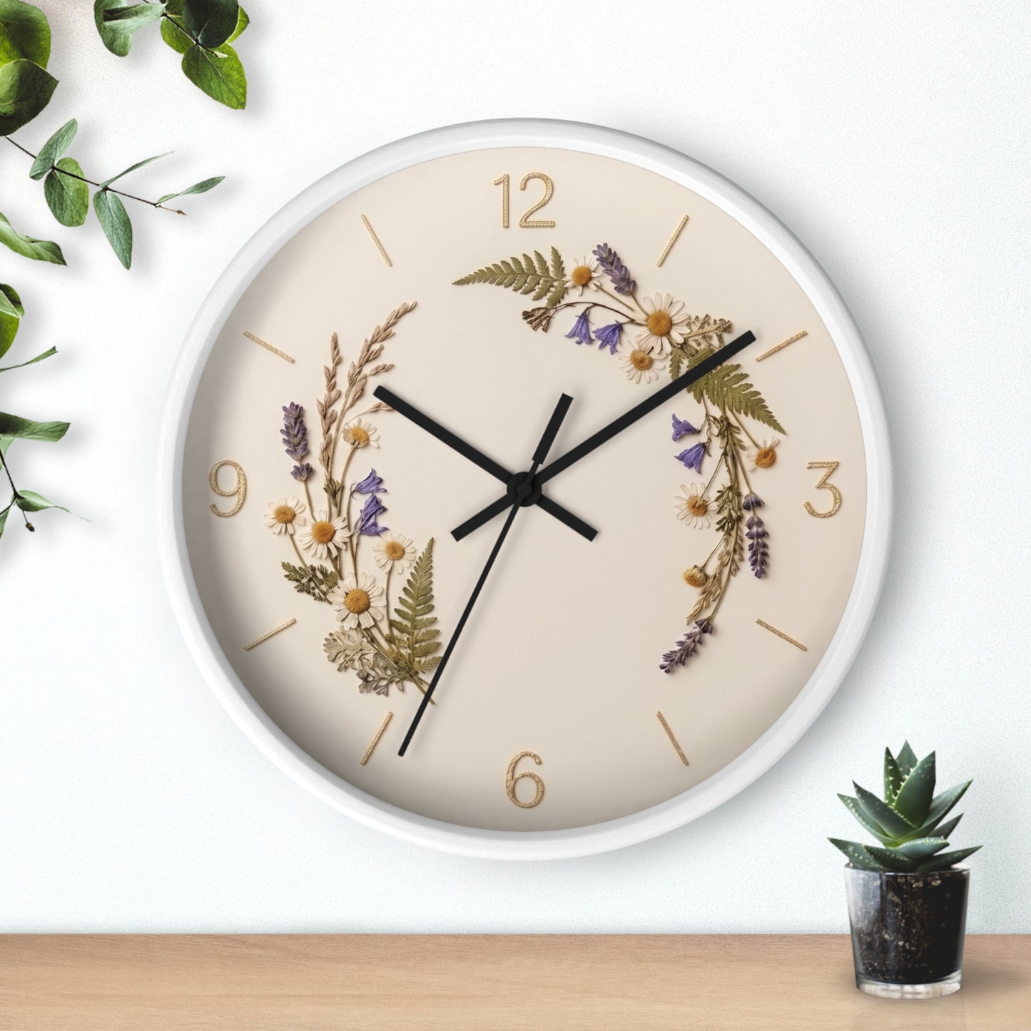 Wildflower Wreath Minimalist Wall Clock | Botanical Floral Timepiece