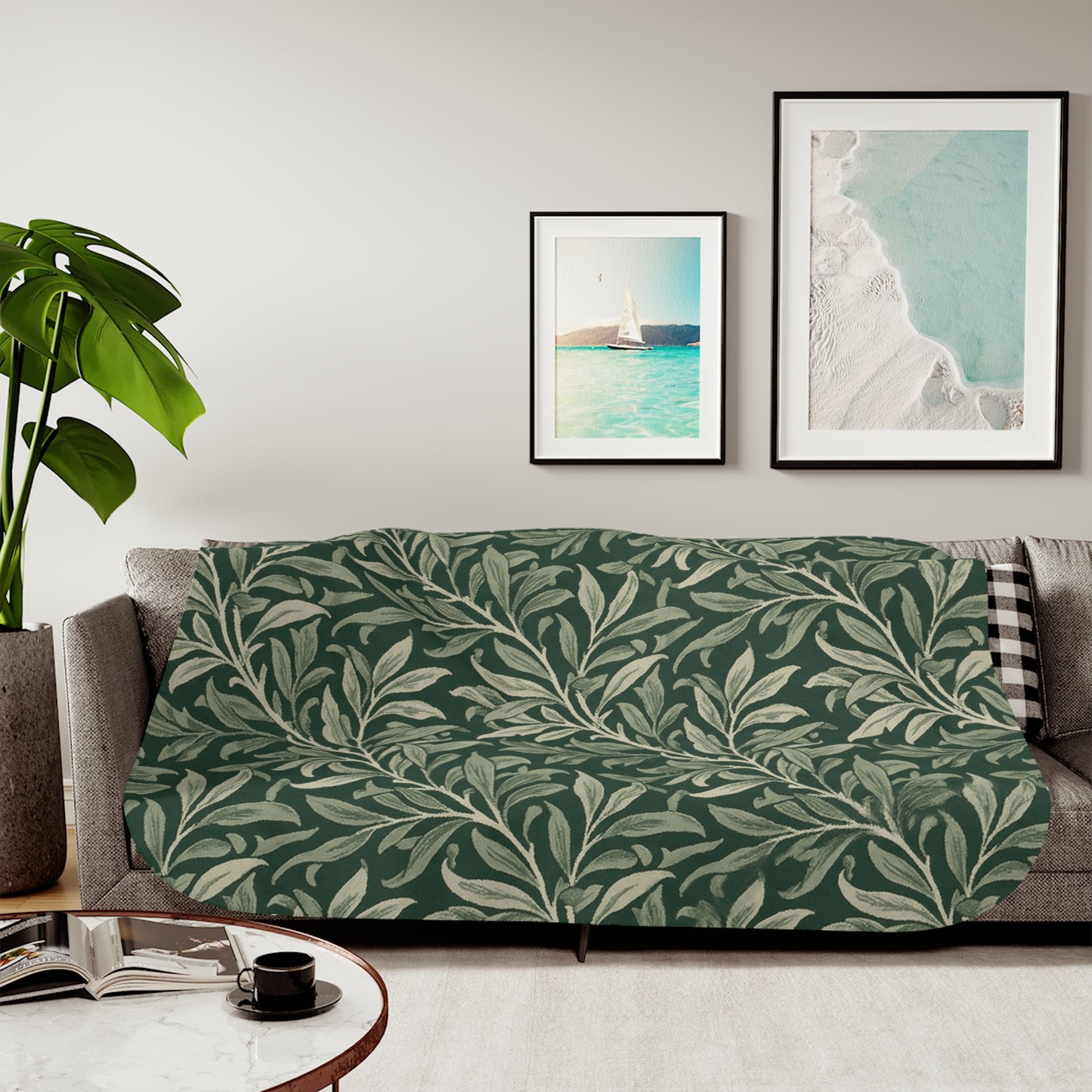 Green Botanical Olive Leaf Pattern Sherpa Blanket | Leaf Vine Throw