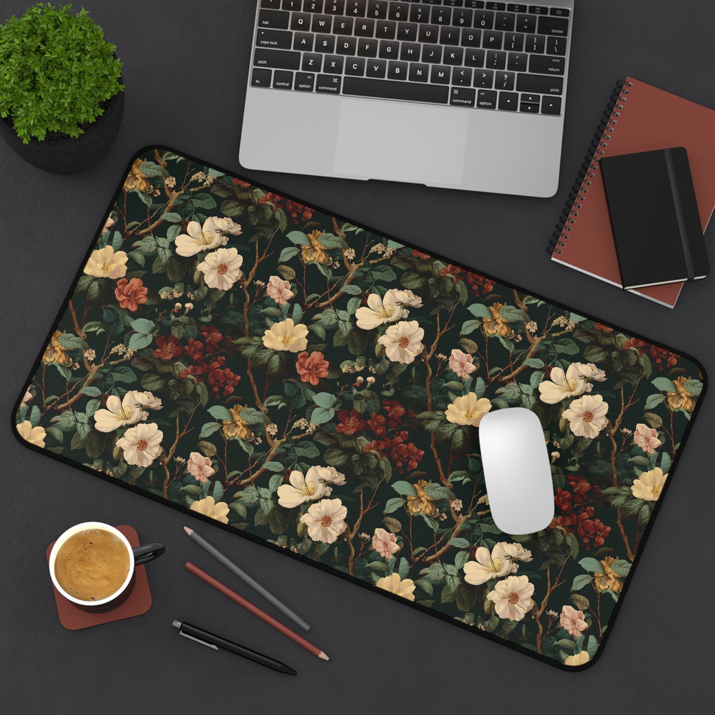 Vintage Botanical Floral Desk Mat | Dark Green Rose Pattern