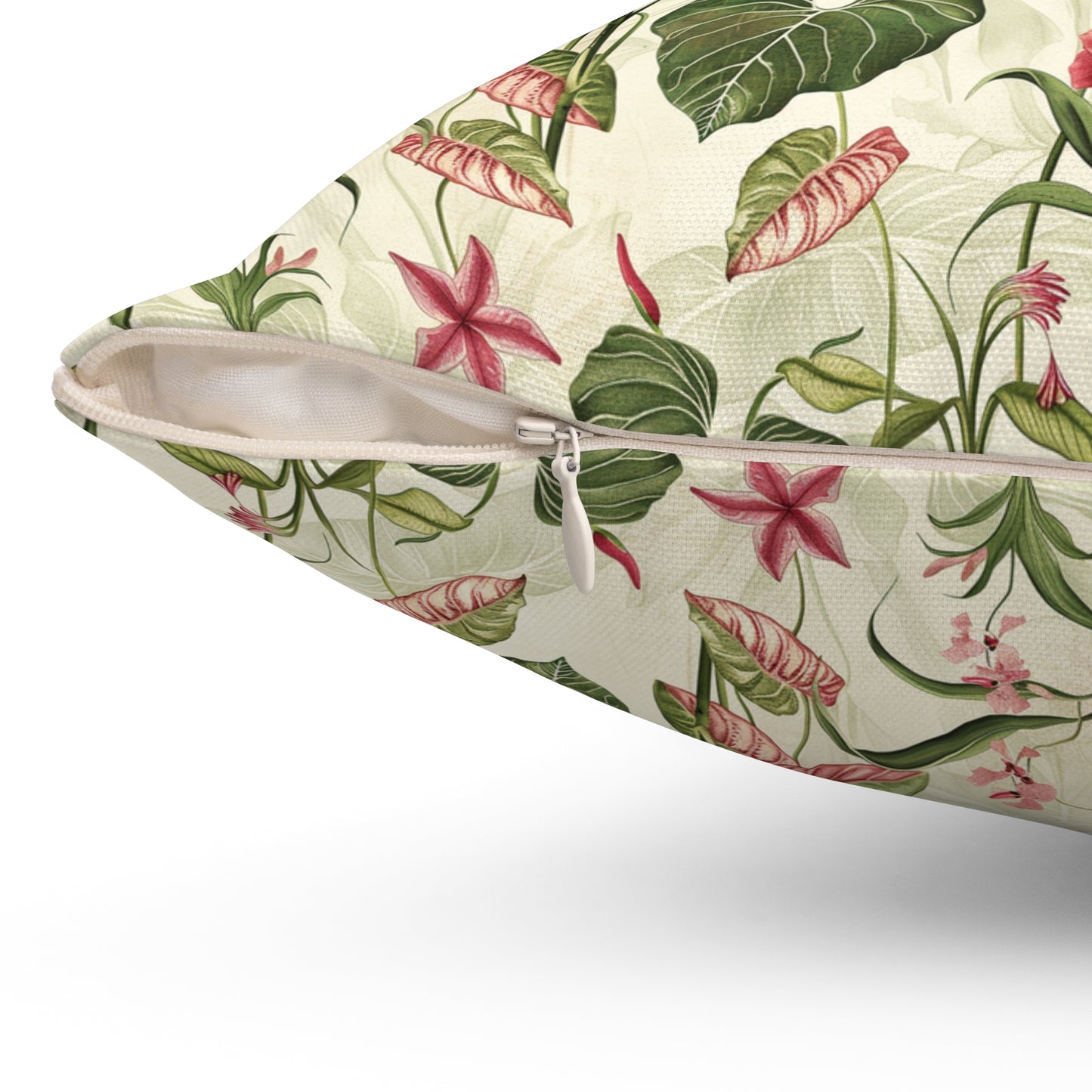Vintage Botanical Floral Pattern Pillow | Tropical Leaves, Pink Flowers