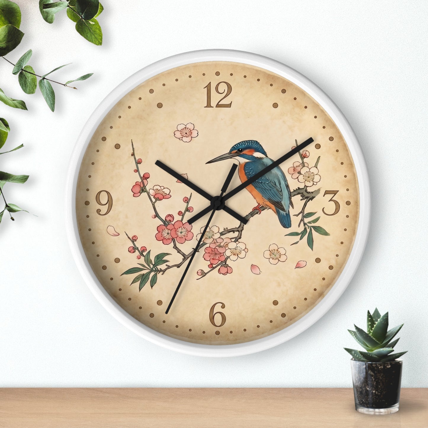 Kingfisher on Cherry Blossom Wall Clock | Kacho-ga Vintage Japanese Bird Floral Clock