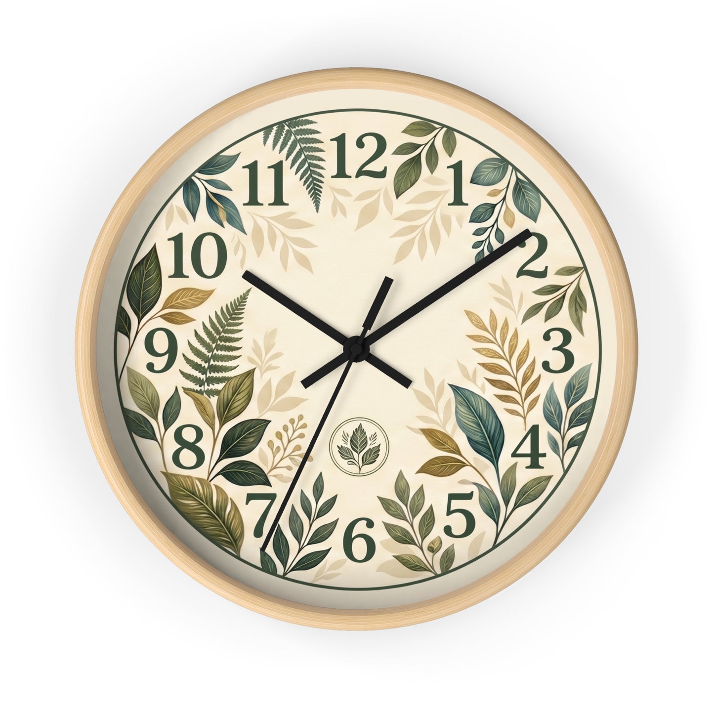 Botanical Leaves Wall Clock | Green Foliage Numbers, Neutral Rustic Decor