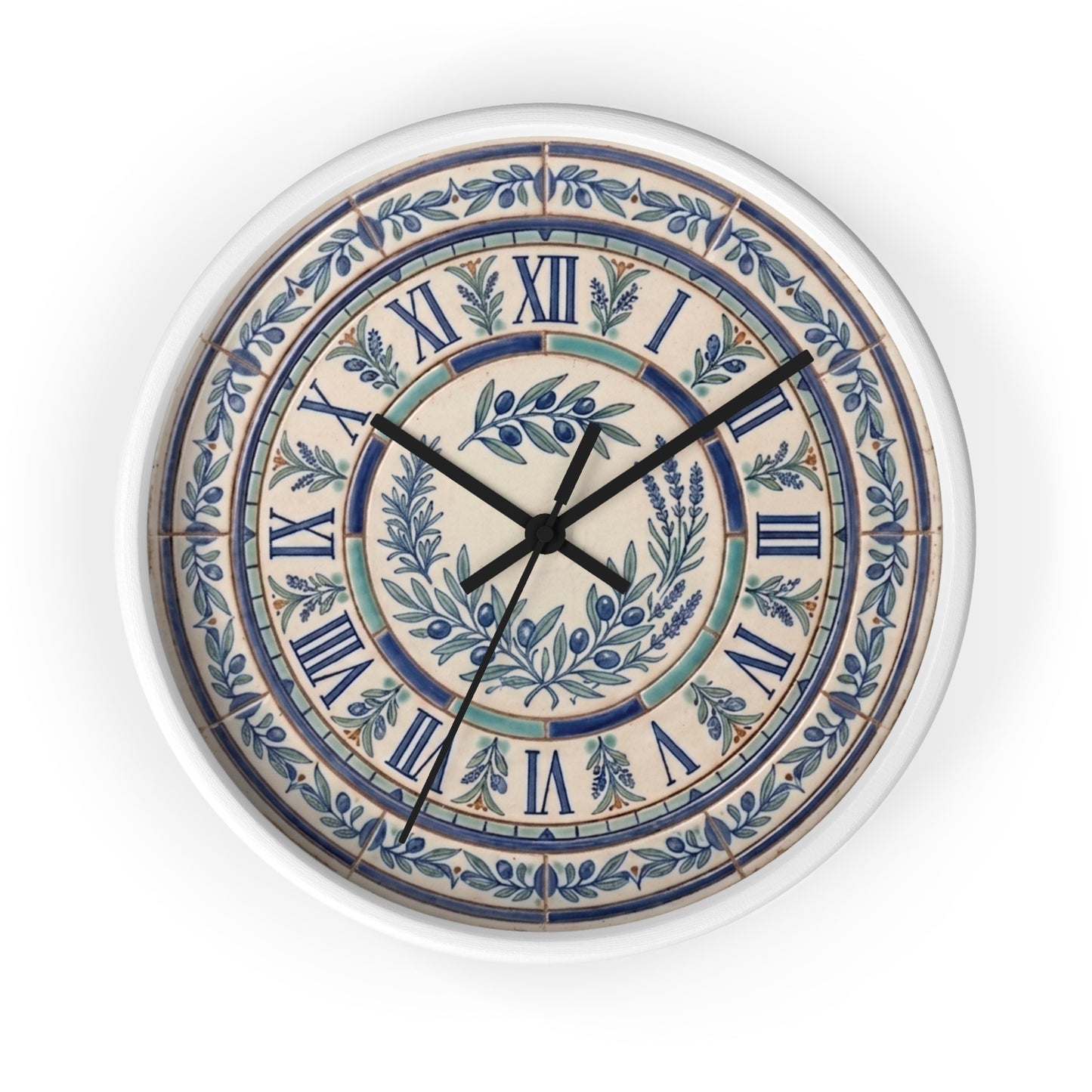 Blue Olive Wreath Wall Clock | Roman Numerals, Ceramic Tile Style
