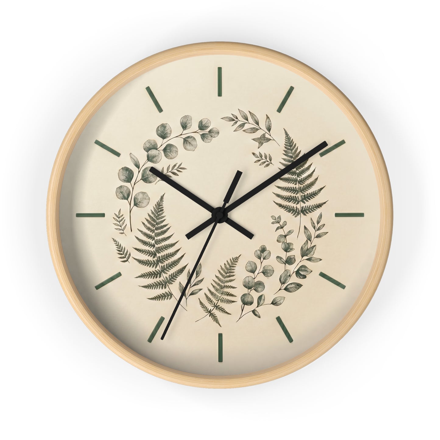 Botanical Fern Wreath Wall Clock | Neutral Eucalyptus Timepiece