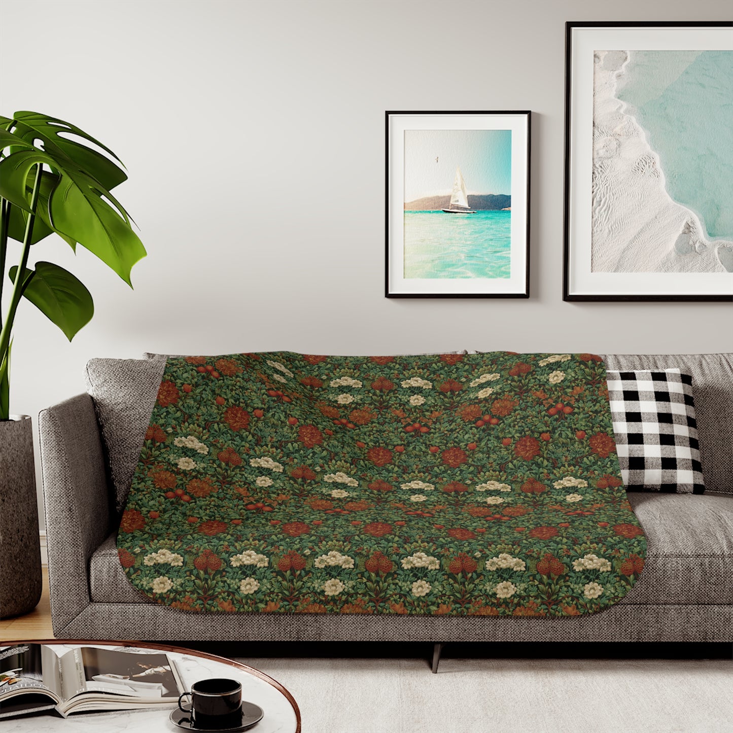 Vintage William Morris Style Floral Pattern Sherpa Blanket | Cozy Retro Botanical Throw